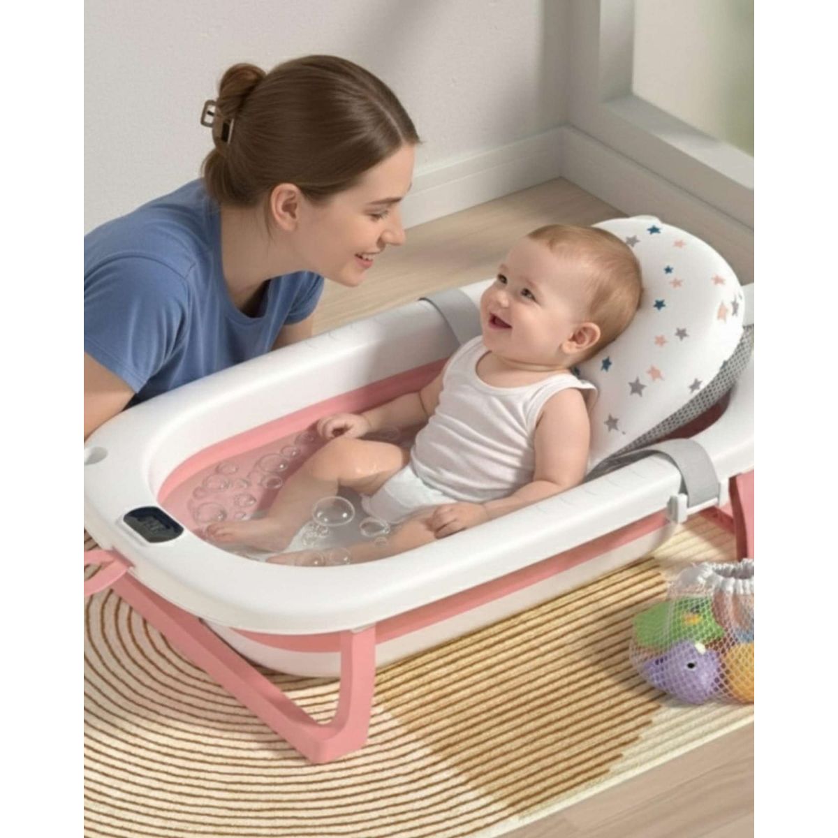 GENERICO - TINA PLEGABLE CON TERMOMETRO Y COJÍN PARA BEBES  ROSA