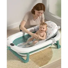 GENERICO - TINA PLEGABLE CON TERMOMETRO Y COJÍN PARA BEBES VERDE