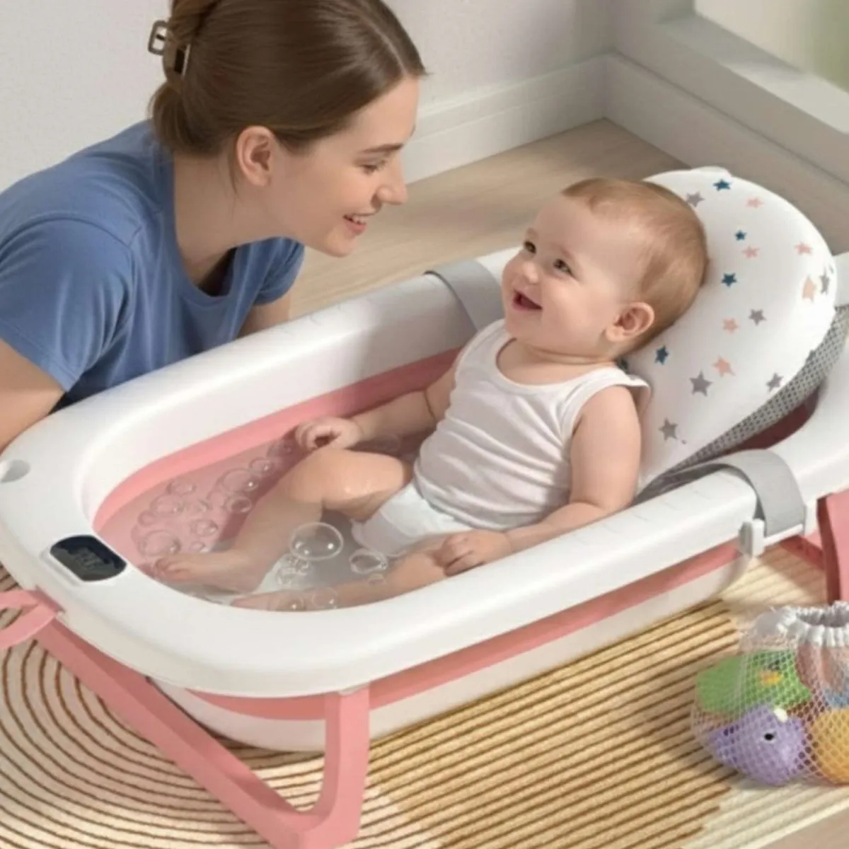 GENERICO - TINA PLEGABLE CON TERMOMETRO Y COJÍN PARA BEBES  ROSA