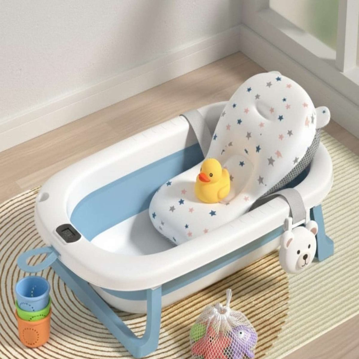 GENERICO - TINA PLEGABLE CON TERMOMETRO Y COJÍN PARA BEBES AZUL