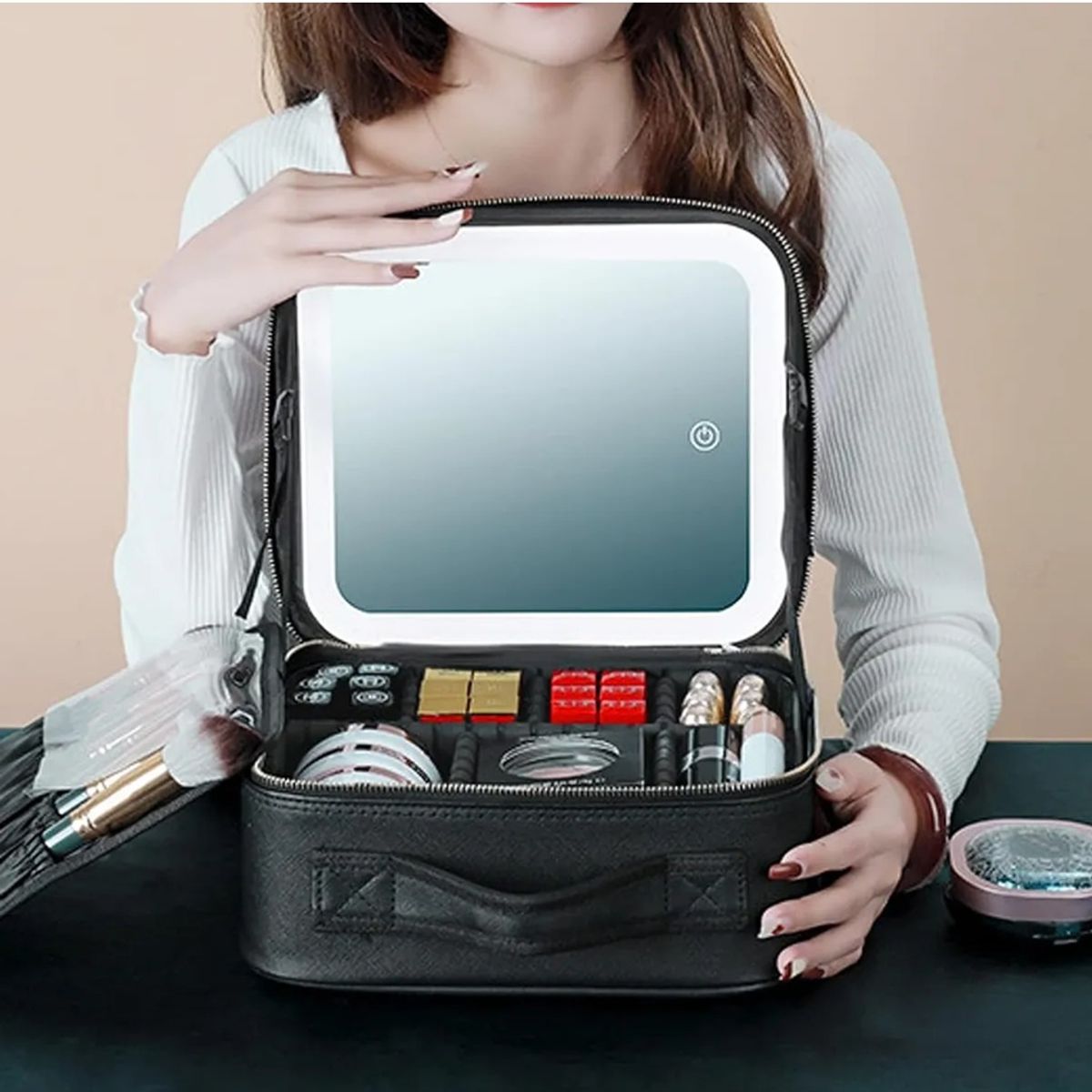 GENERICO - COSMETIQUERO ORGANIZADOR CON ESPEJO Y LUZ LED