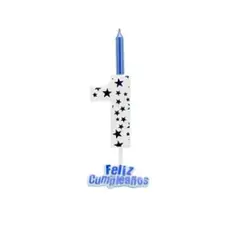 GENERICO - Vela grande feliz cumpleaños 1 blanco y azul