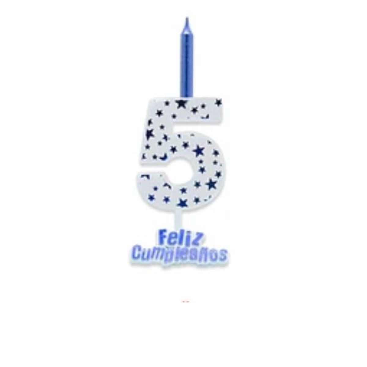 GENERICO - Vela grande feliz cumpleaños 5 blanco y azul