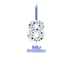 GENERICO - Vela grande feliz cumpleaños 8 blanco y azul