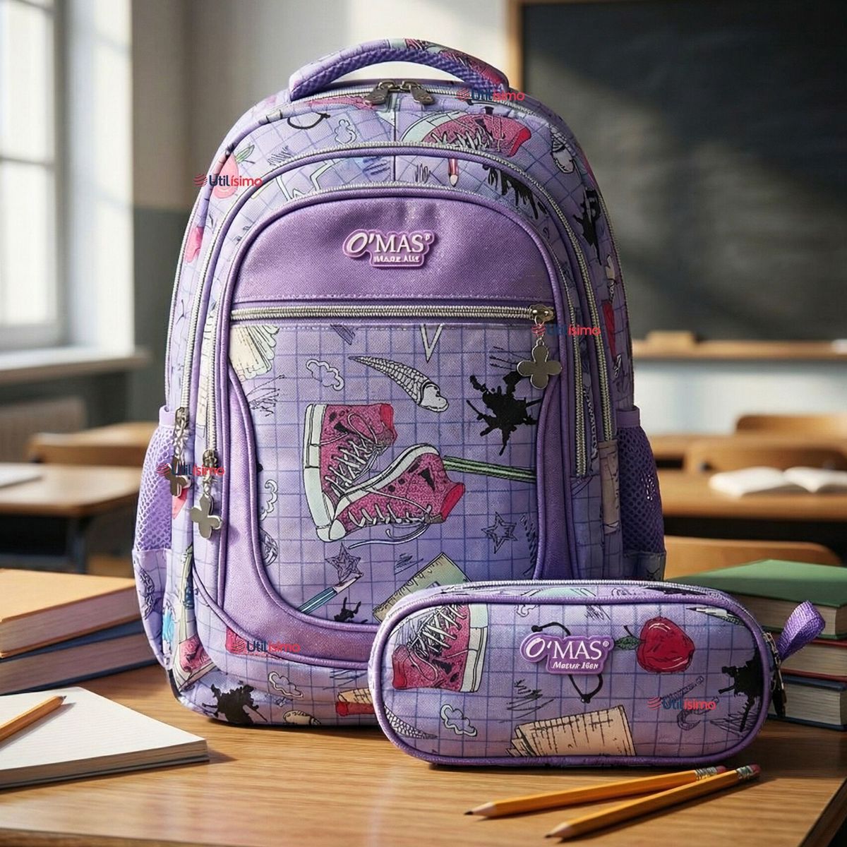 UTILISIMO - Mochila Escolar Con Estuche 43cm Tela Oxford Lila Niña