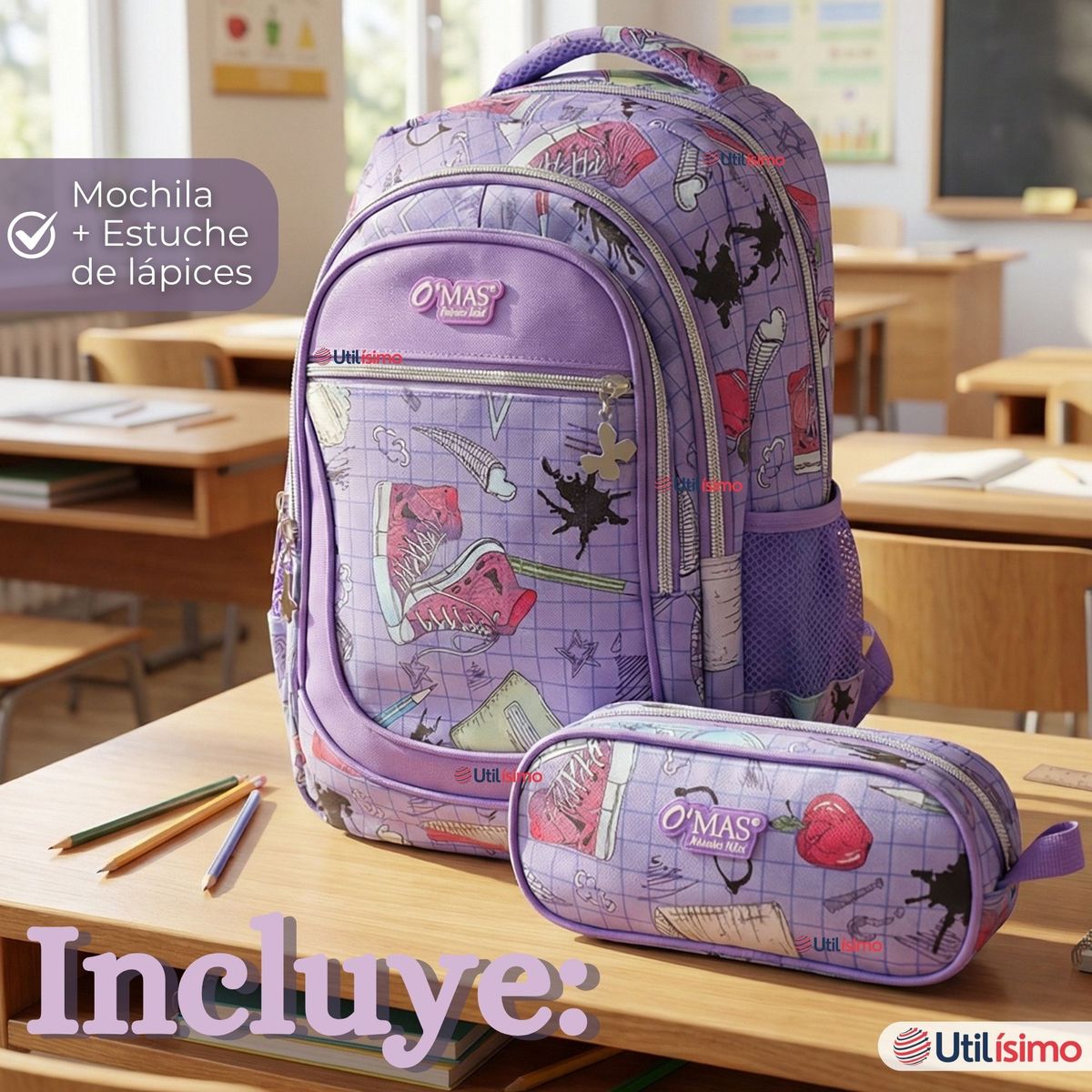 UTILISIMO - Mochila Escolar Con Estuche 43cm Tela Oxford Lila Niña