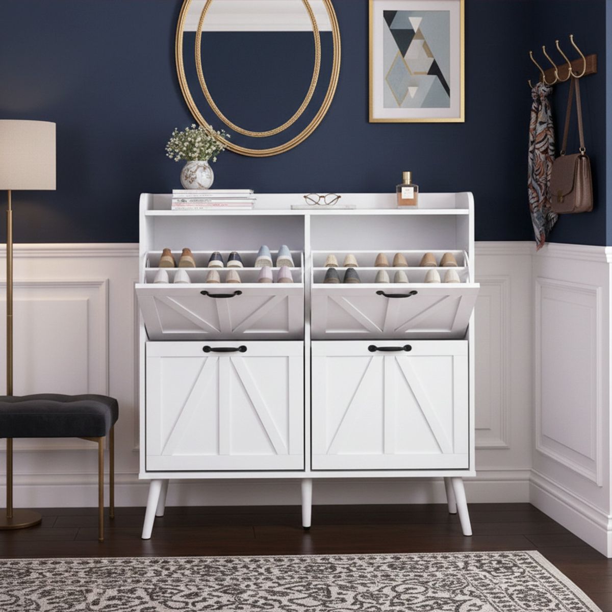 HOMIMAD - MUEBLE ZAPATERO COMODA BLANCOORGANIZADOR CALZADO DORMITORIO 4 PUERTAS