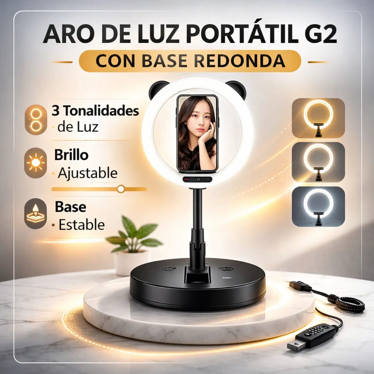 MOVI - Aro de Luz Portátil G2 Con Base Redonda- Brillo Profesional para Fotos y Videos
