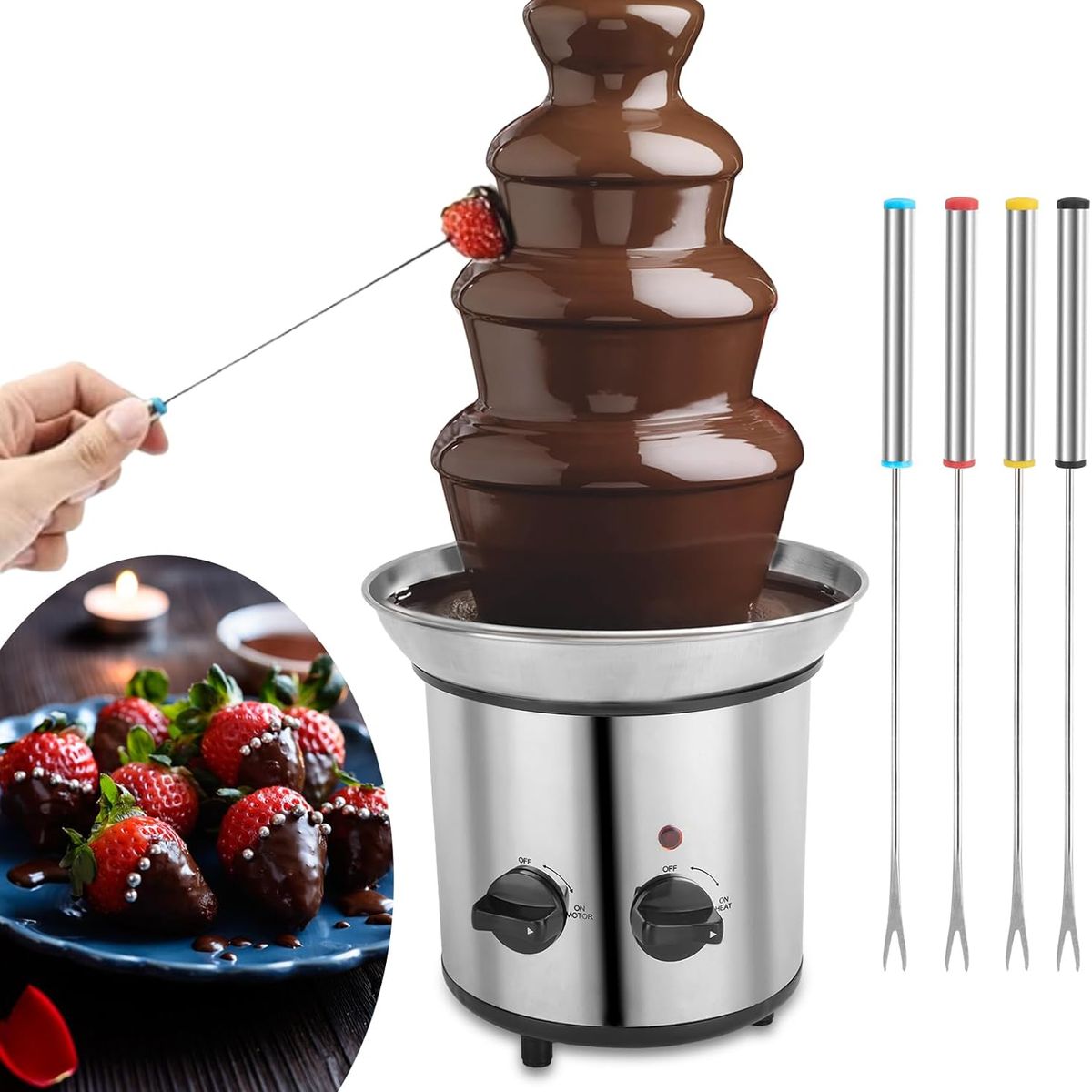 MOVI - Cascada Fuente de Chocolate 4 Niveles de Acero Inoxidable – Diversión y Sabor en Cada Evento