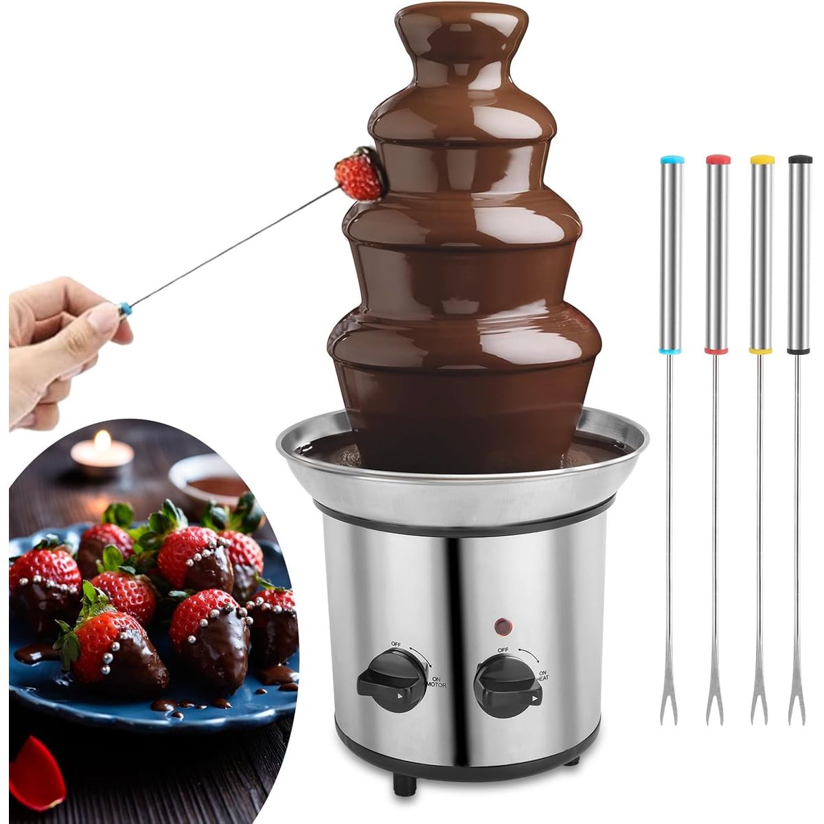 MOVI - Cascada Fuente de Chocolate 4 Niveles de Acero Inoxidable – Diversión y Sabor en Cada Evento