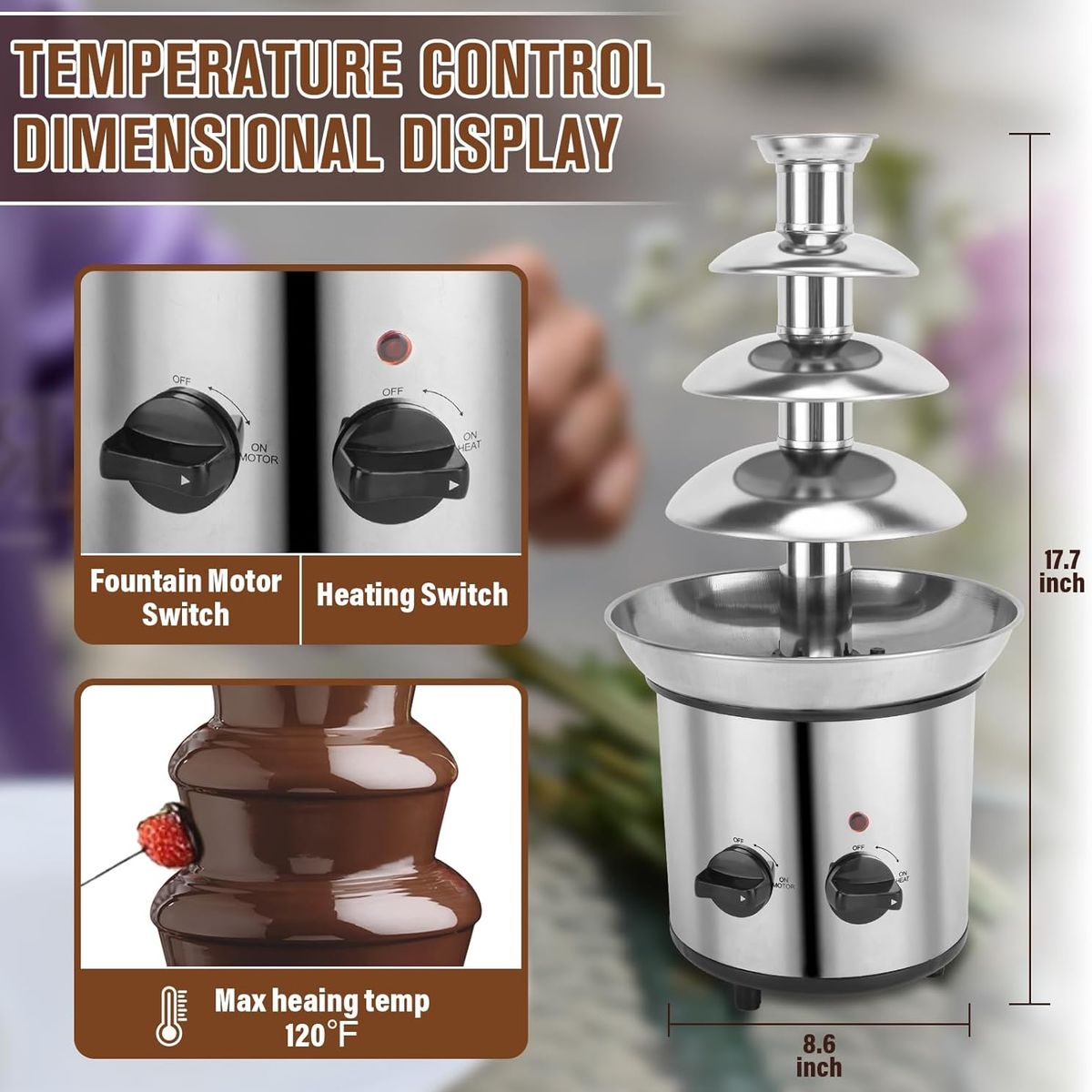 MOVI - Cascada Fuente de Chocolate 4 Niveles de Acero Inoxidable – Diversión y Sabor en Cada Evento