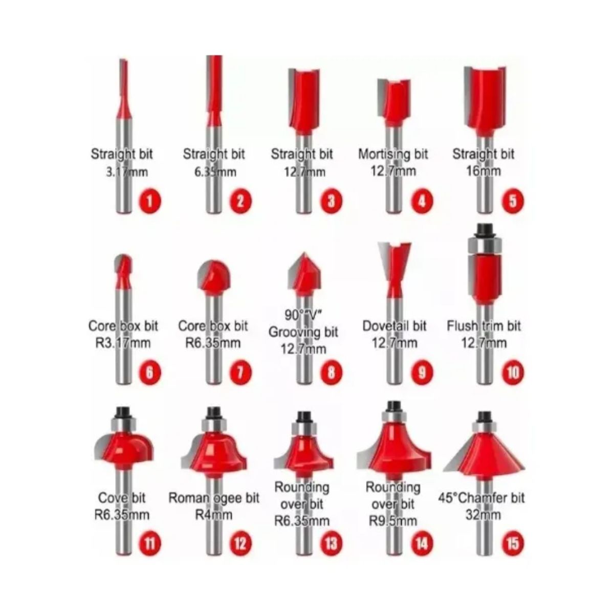 GENERICO - Set 15 Fresas Madera Toma 1/4 6.35mm - Router Tupi Fresadora