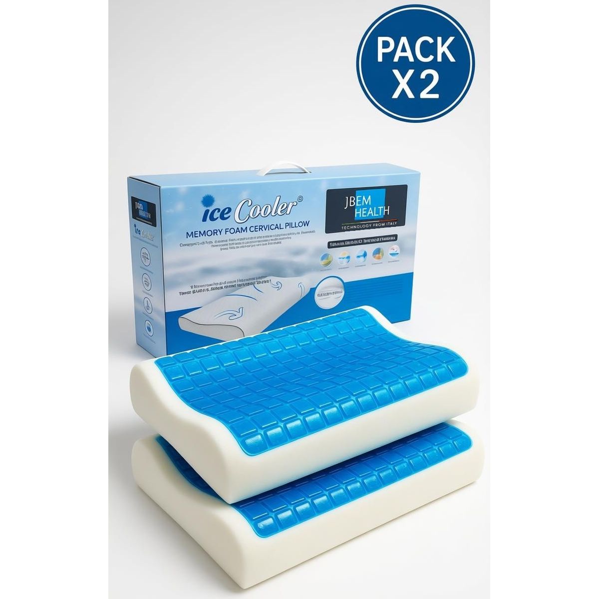 ERGONOMICS - Pack 2 Almohadas Cervicales Memory Foam Gel Premium 60x35cm Blanco