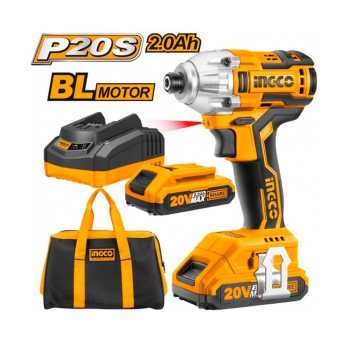 INGCO - Atornillador Taladro de Impacto 20V Inalámbrico 2 Batería 1 Cargador + 1 Bolso
