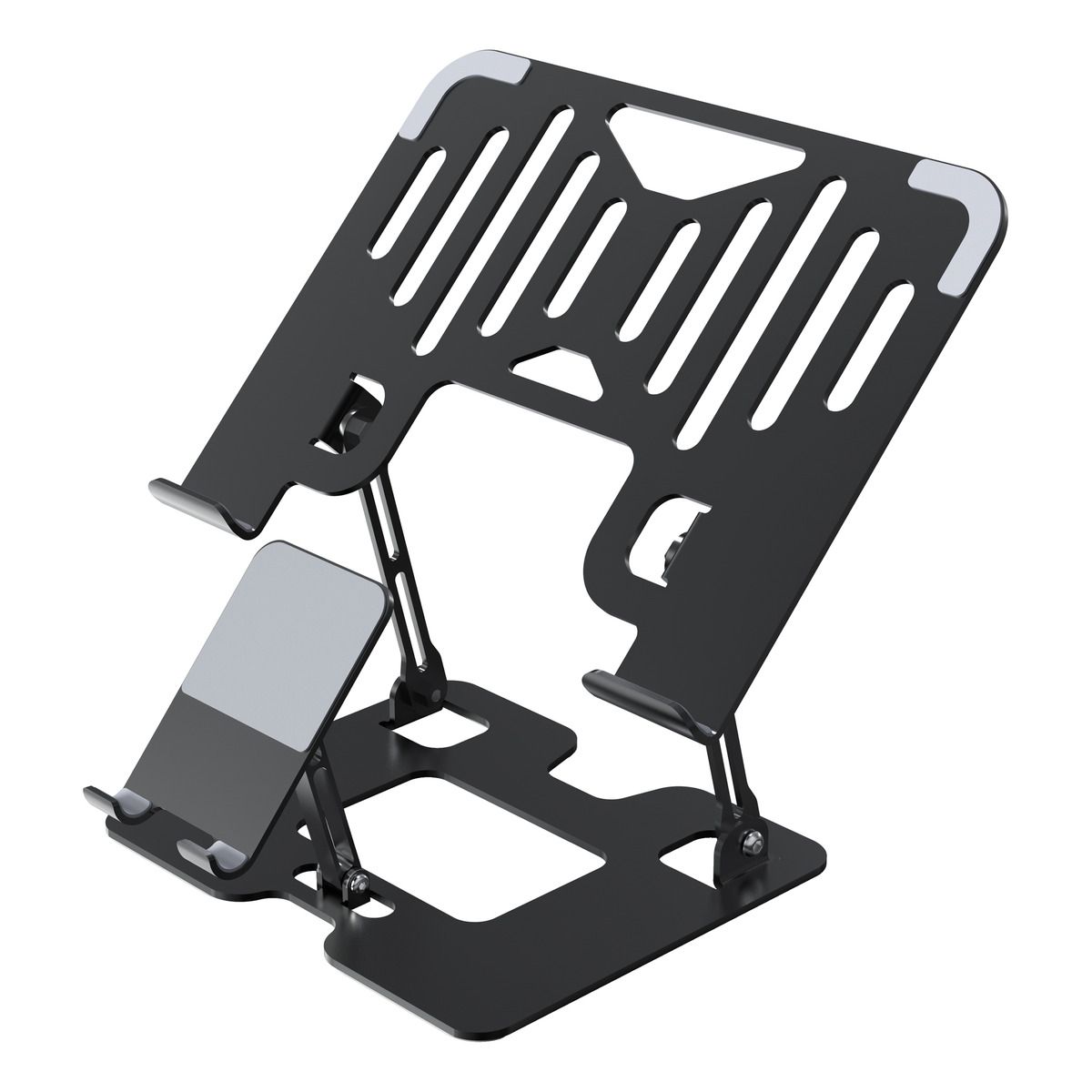 GENERICO - Soporte Para Laptop Y Teléfono Portátil Ajustable Metal 2 en1 Negro