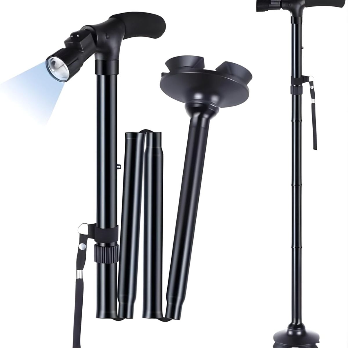 MOVI - Bastón Ortopédico Plegable con Luz LED y Base Estable de 4 Apoyos