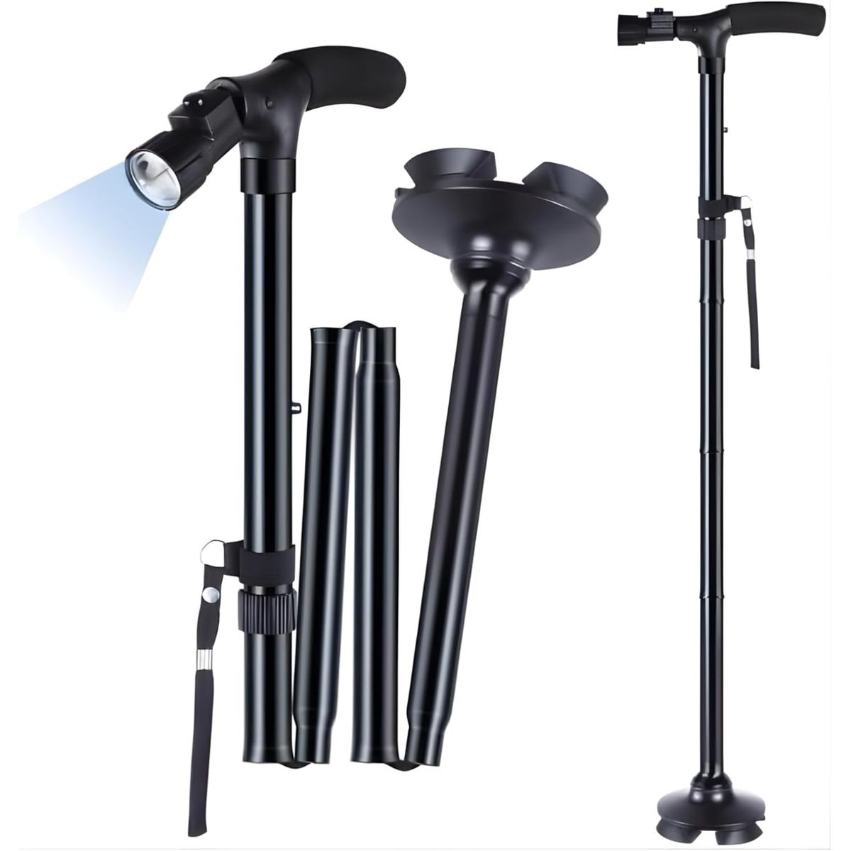 MOVI - Bastón Ortopédico Plegable con Luz LED y Base Estable de 4 Apoyos