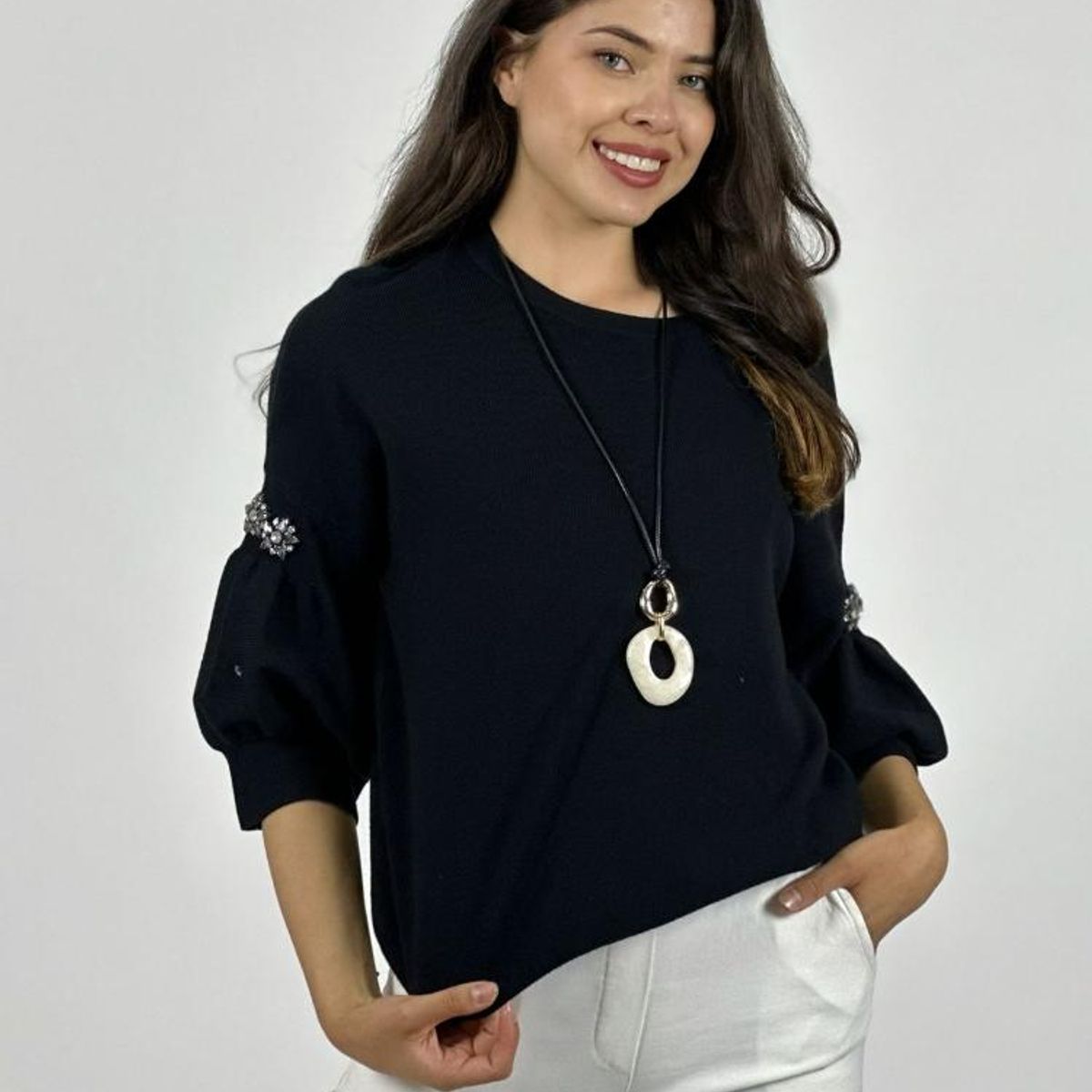 ENIGMATICA BOUTIQUE - Sweater Spandex Mangas Recogidas Flor