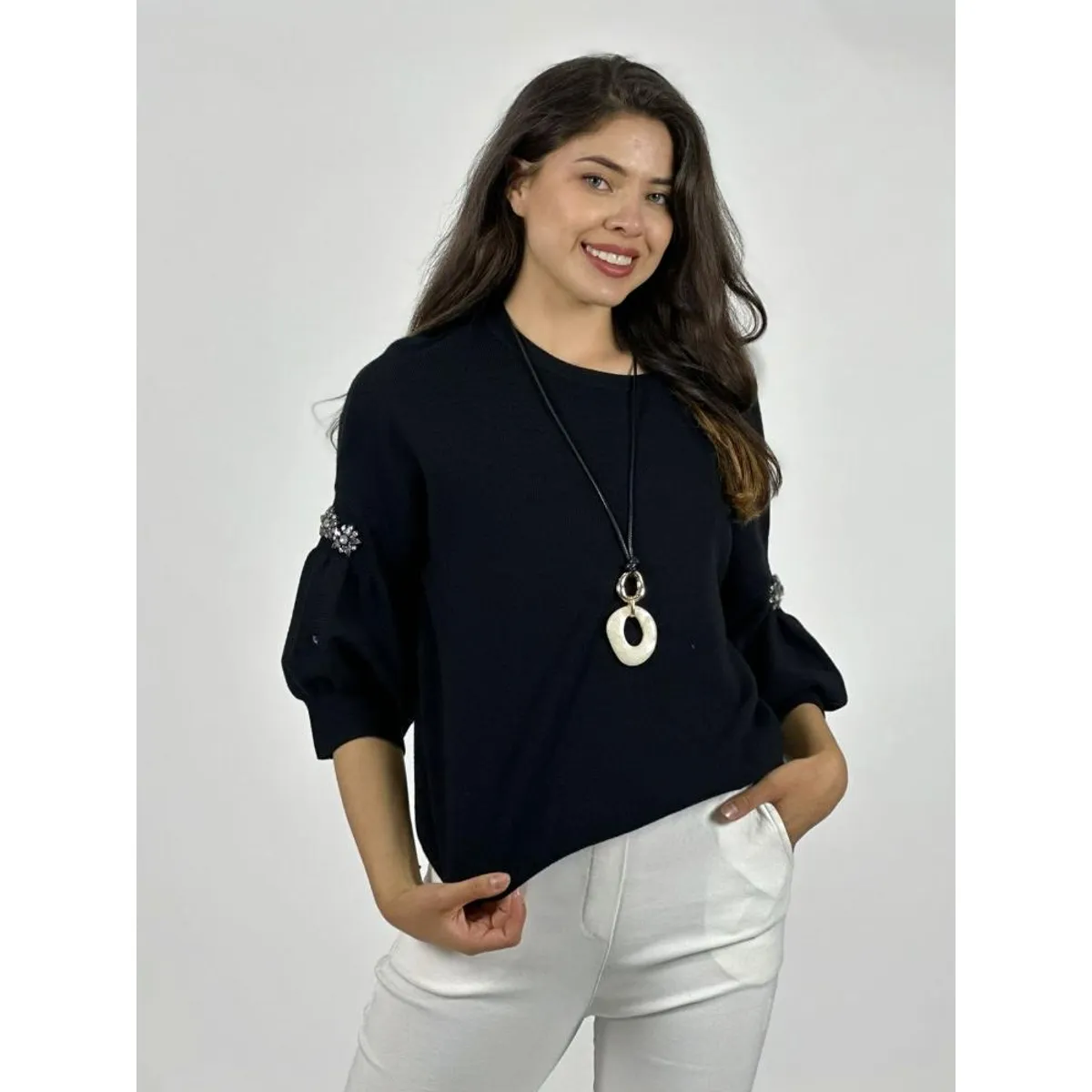 ENIGMATICA BOUTIQUE - Sweater Spandex Mangas Recogidas Flor