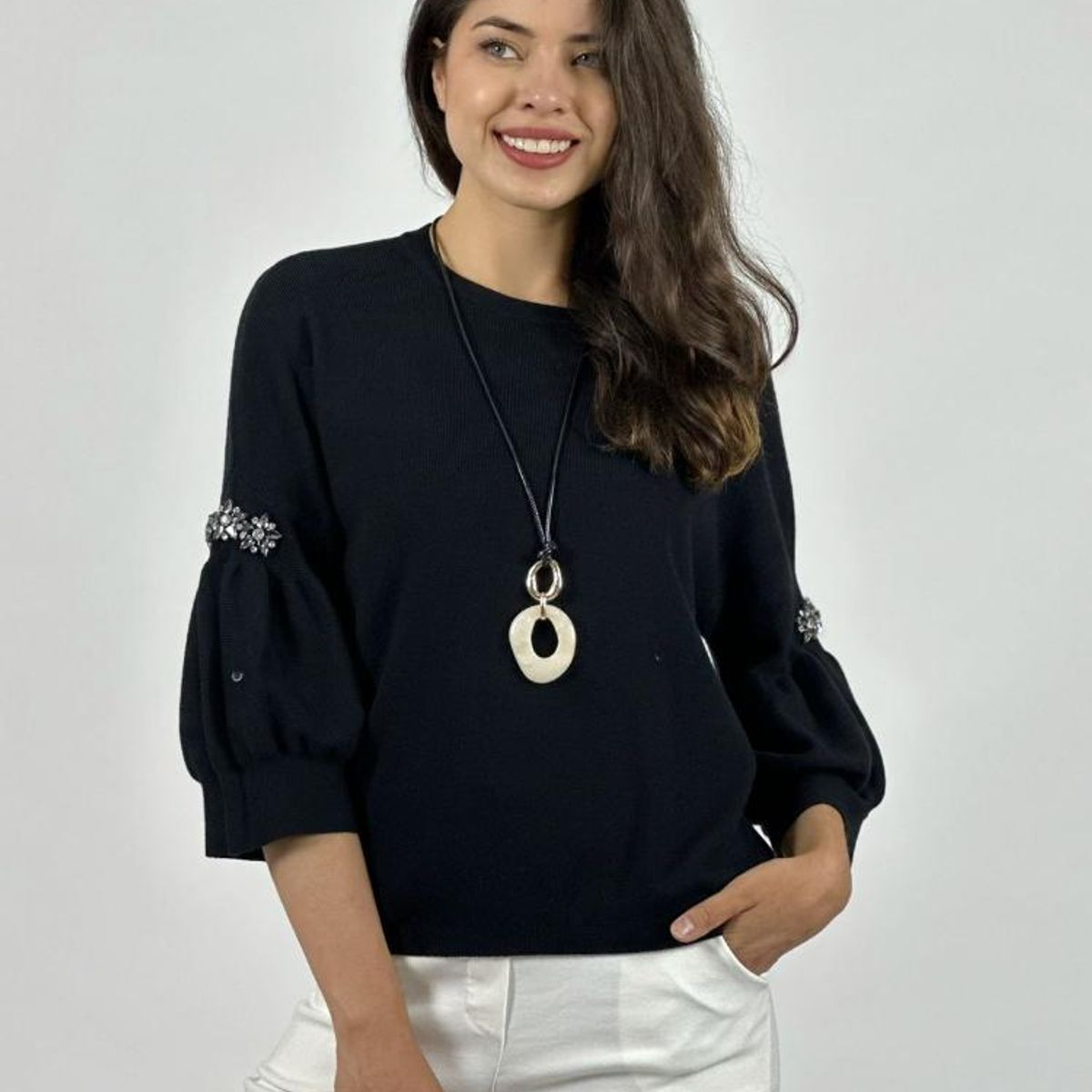 ENIGMATICA BOUTIQUE - Sweater Spandex Mangas Recogidas Flor