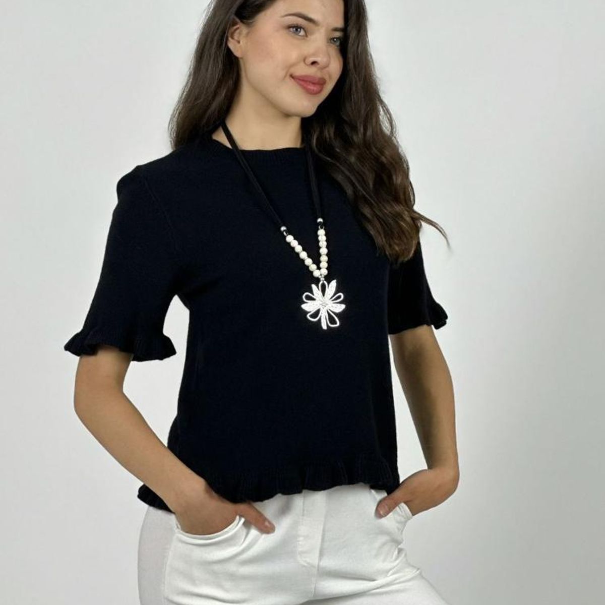 ENIGMATICA BOUTIQUE - Sweater Spandex Manga Corta con Vuelos