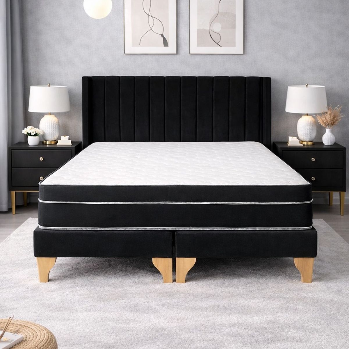 GENERICO - Cama 2 Plazas, Felpa Negra con Respaldo + Colchón Híbrido Bonnell y Pillow Top - Base de Pino