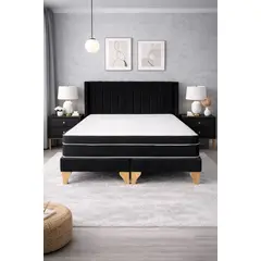 GENERICO - Cama 2 Plazas, Felpa Negra con Respaldo + Colchón Híbrido Bonnell y Pillow Top - Base de Pino