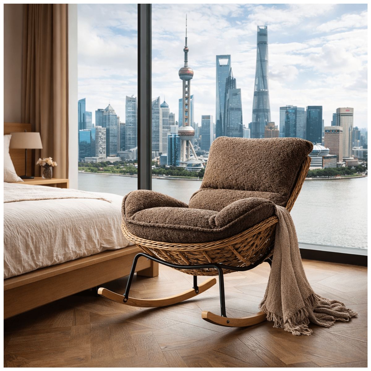 HOMER DESIGN - Sillon Mecedor Silla Mecedora Sitial Moderna Base Rattan XL