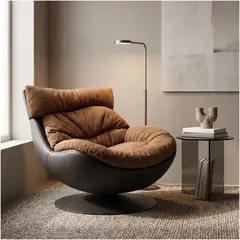 HOMER DESIGN - Sillón Leo Giratorio Tela Y Ecocuero Base Pedestal Metálica Marrón Liso
