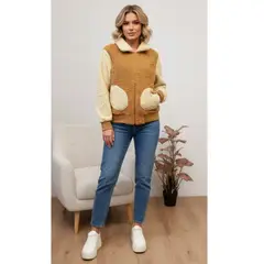 LIKE SHOP - Polerón Peludo Tipo Corderito Mujer Bi Color Cierre Bolsillos W29