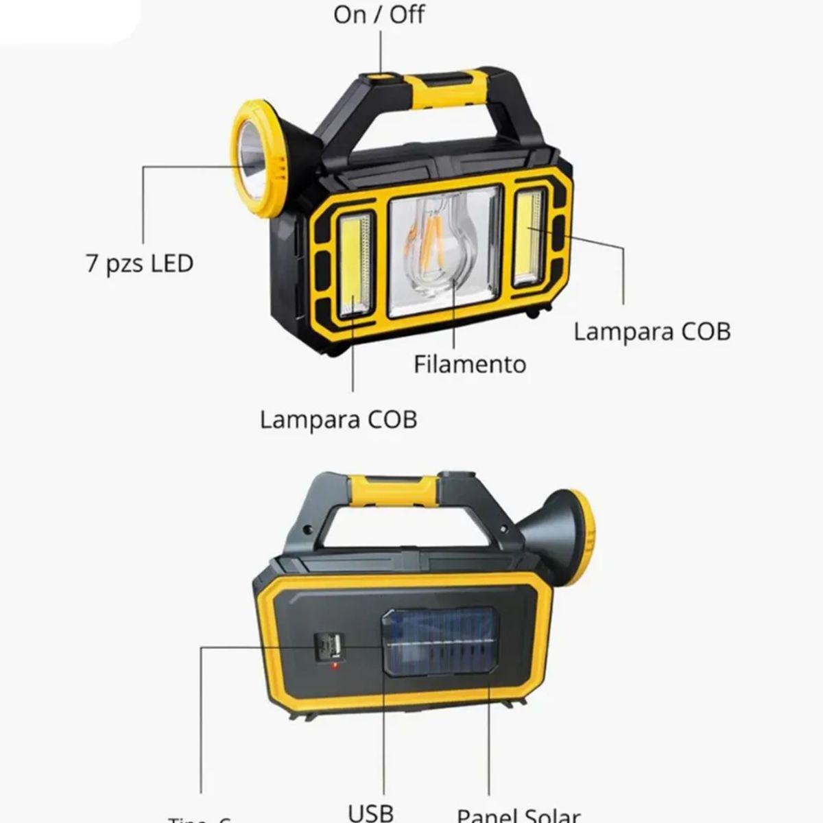 MOVI - Linterna de Emergencia Recargable Solar + Power Bank USB  Alta Potencia LED Multifunción