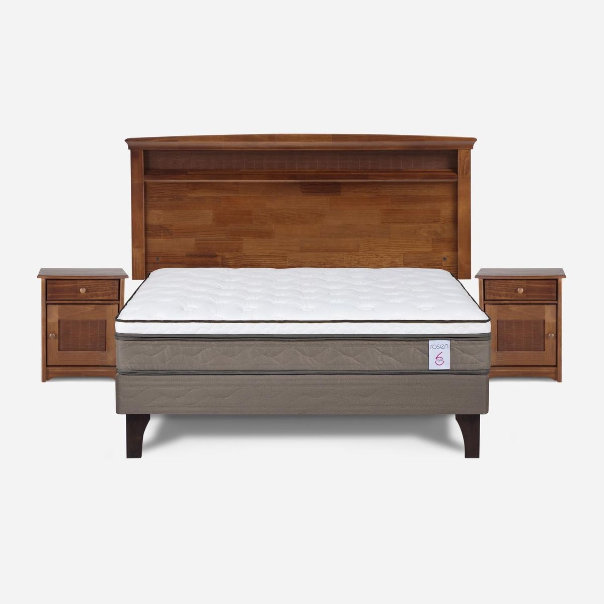 ROSEN - Cama Europea New Style 6 2 Plazas x 2.00 mt Base Normal + Respaldo + 2 Veladores Rosen