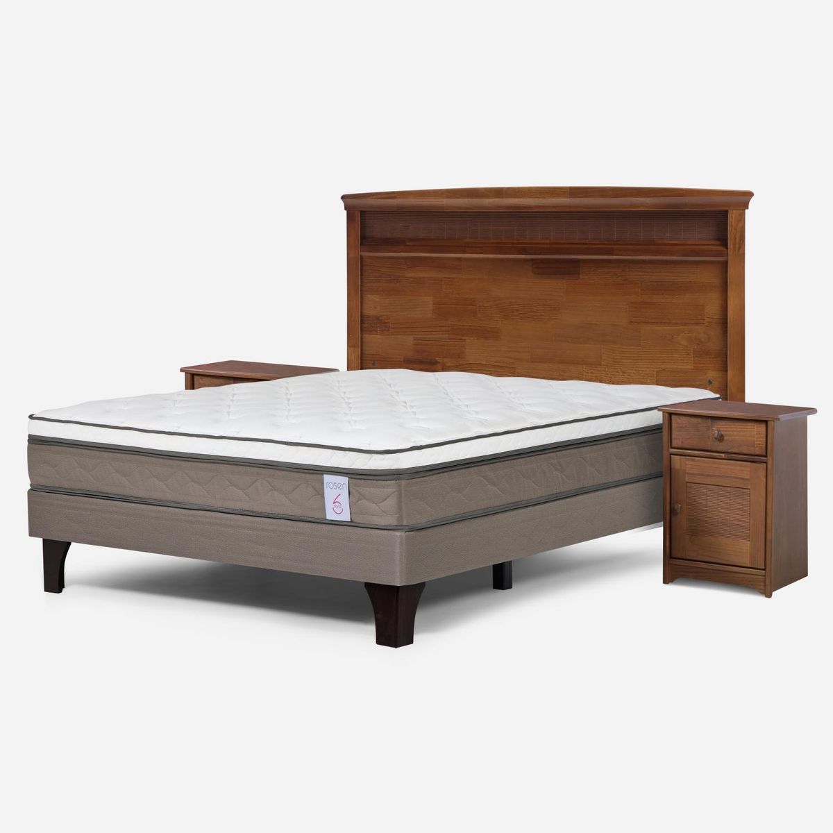 ROSEN - Cama Europea New Style 6 2 Plazas x 2.00 mt Base Normal + Respaldo + 2 Veladores Rosen