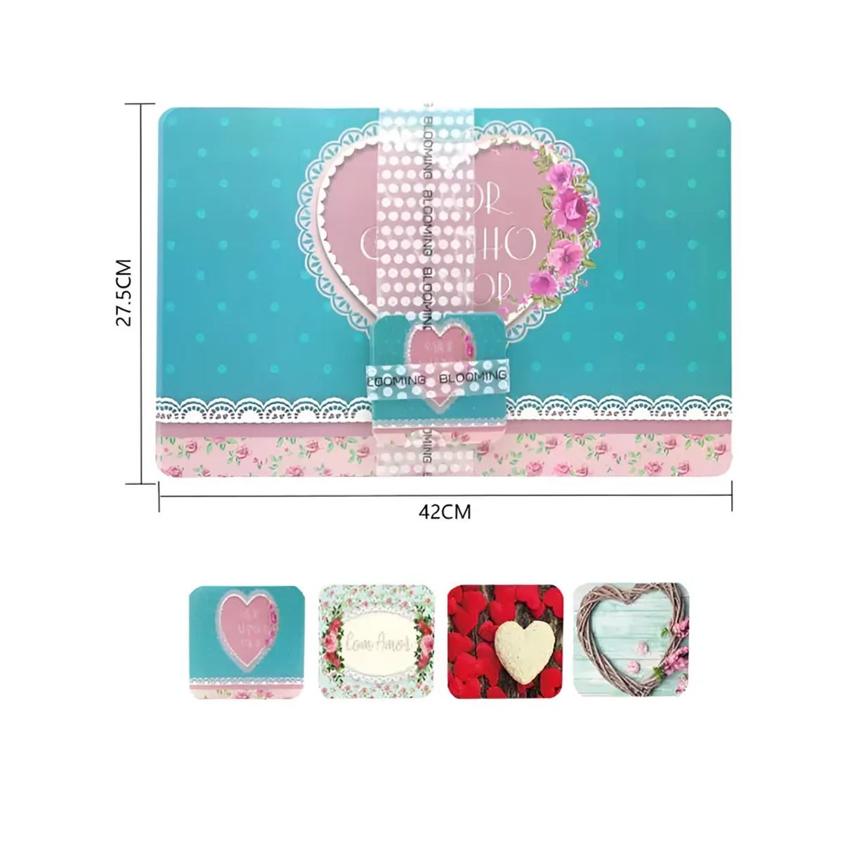 GENERICO - Set 6 Individuales y 6 Posavasos Corazones 27.5x42cm