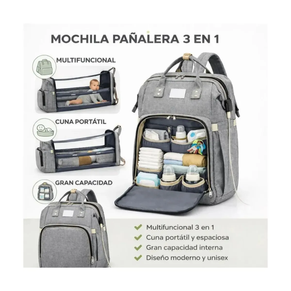 MOVI - MOCHILA NIÑO PAÑALERA,CUNA  Y MUDADOR DE BEBE 3 en 1