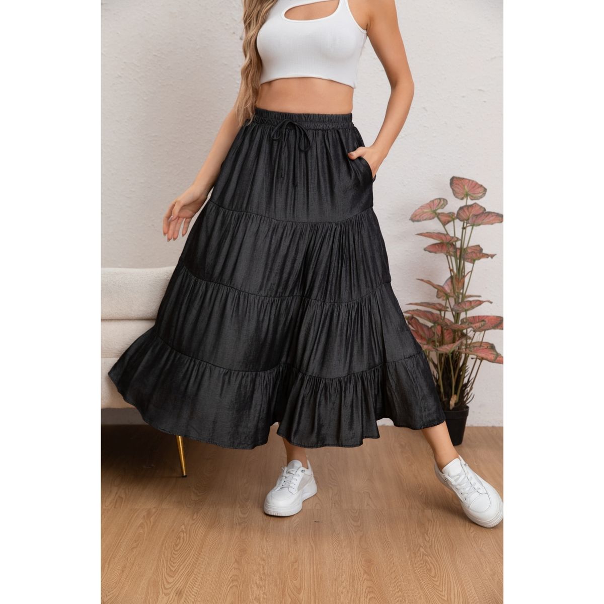 LIKE SHOP - Falda Larga Mujer Algodón Tiro Alto con Vuelos y Pretina Elasticada 0116