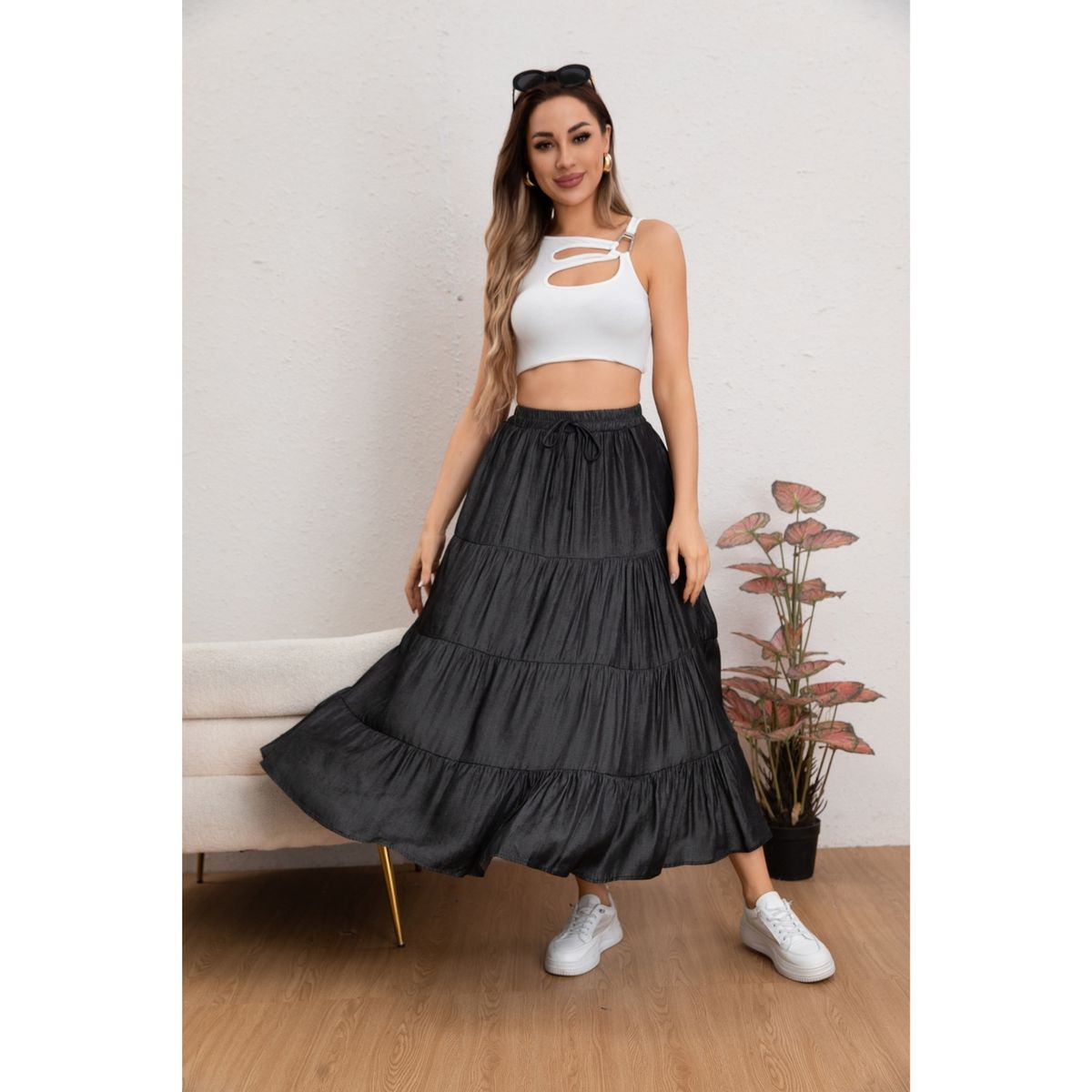 LIKE SHOP - Falda Larga Mujer Algodón Tiro Alto con Vuelos y Pretina Elasticada 0116