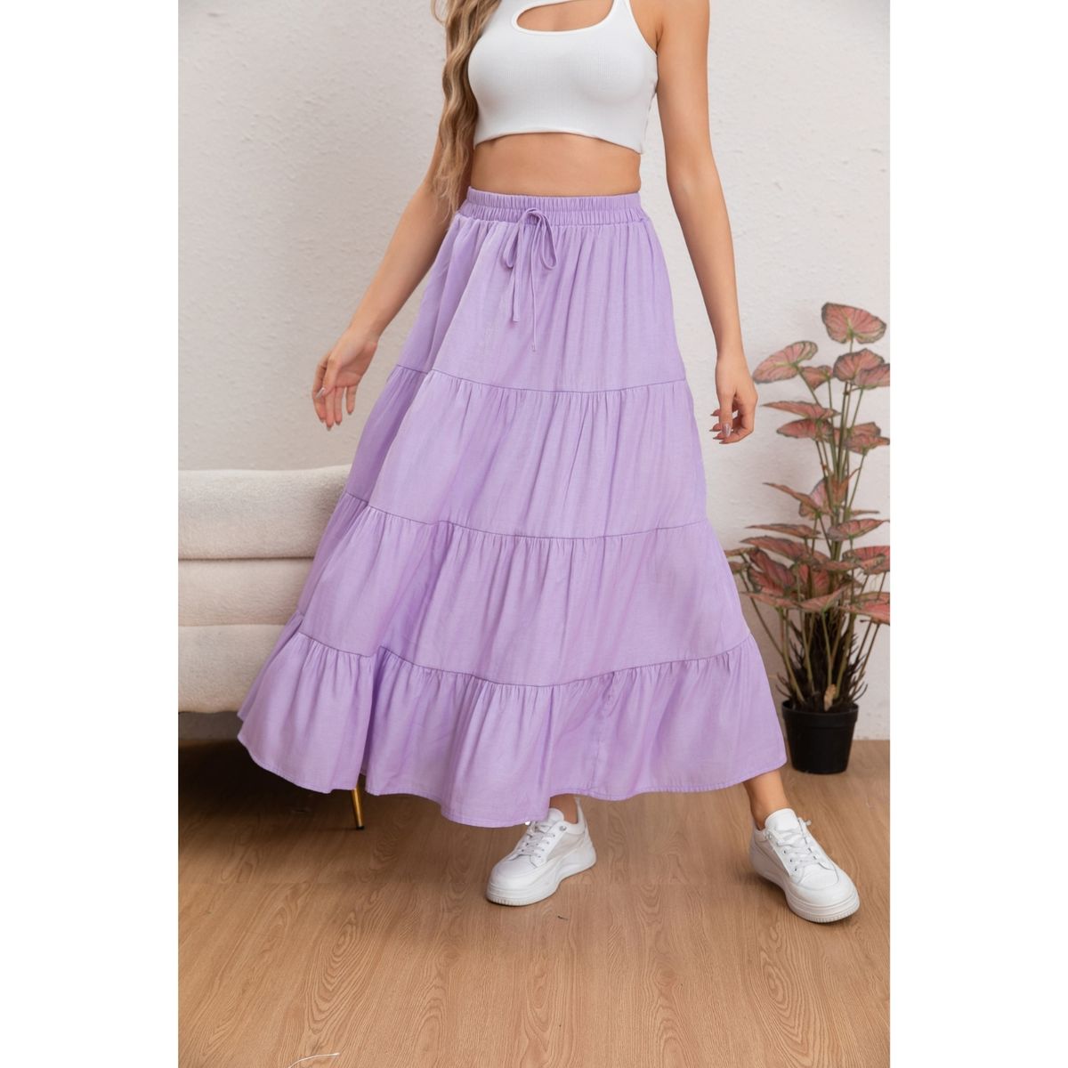 LIKE SHOP - Falda Larga Mujer Algodón Tiro Alto con Vuelos y Pretina Elasticada 0116