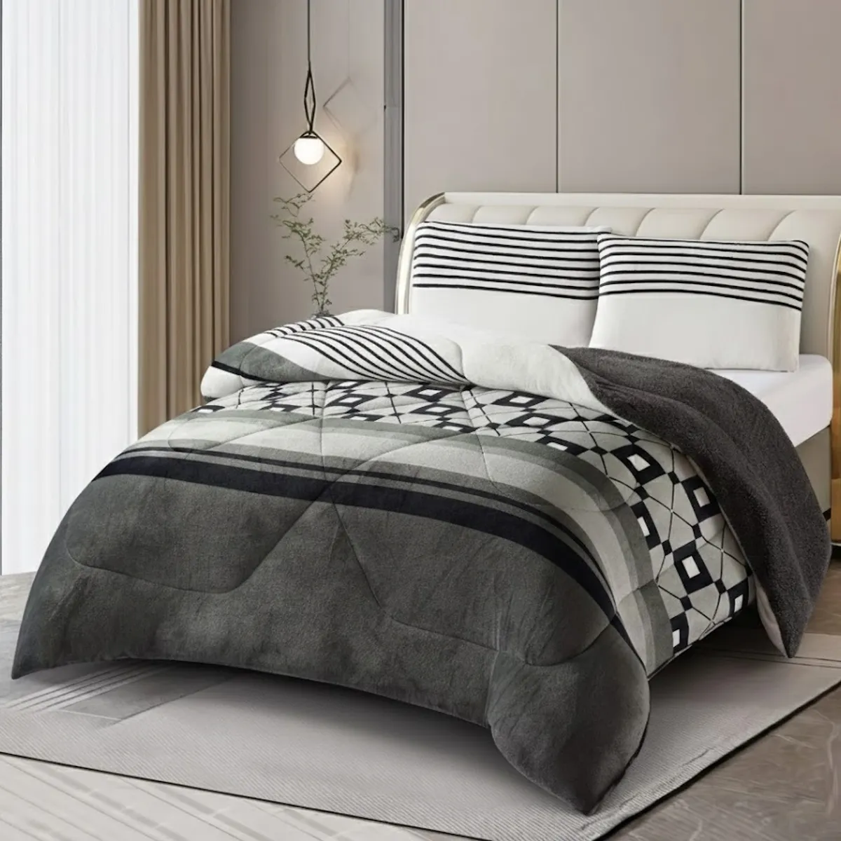 GENERICO - PLUMON CON CHIPORRO PLUSH DISEÑO GRIS GEOMETRIC 2 PLAZAS  TF
