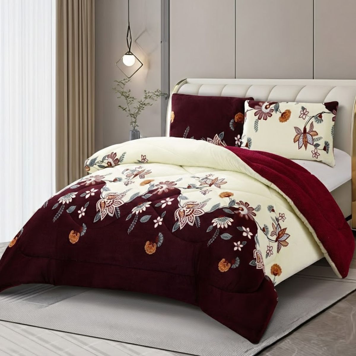 GENERICO - PLUMON CON CHIPORRO PLUSH DISEÑO FLORES BURDEO ELEGANTE 2 PLAZAS  TF