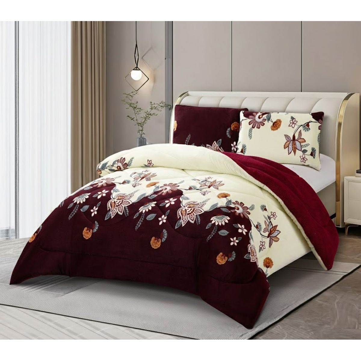 GENERICO - PLUMON CON CHIPORRO PLUSH DISEÑO FLORES BURDEO ELEGANTE 2 PLAZAS  TF