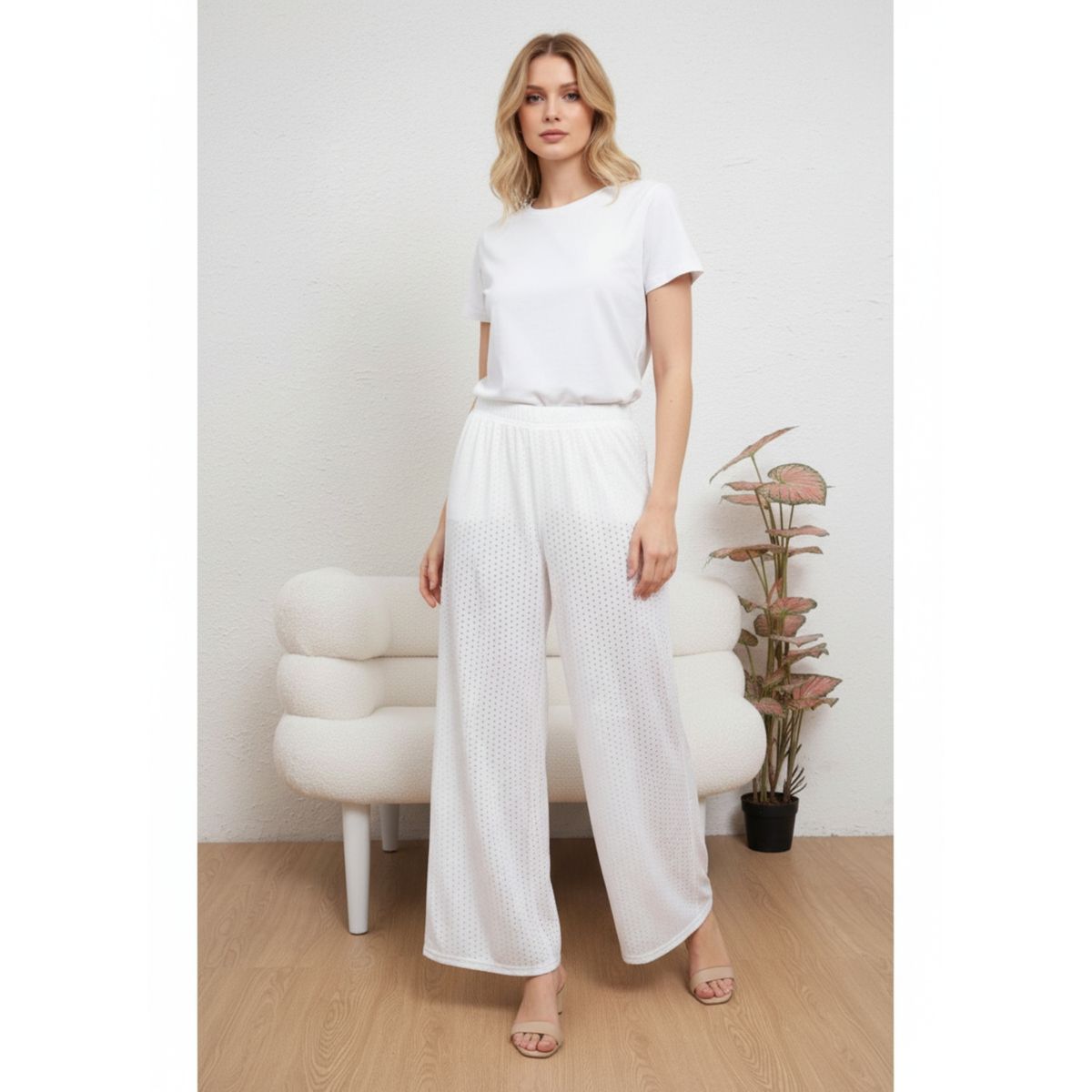 LIKE SHOP - Pantalón Playero Mujer Recto Calado Tipo Broderie Verano 6621