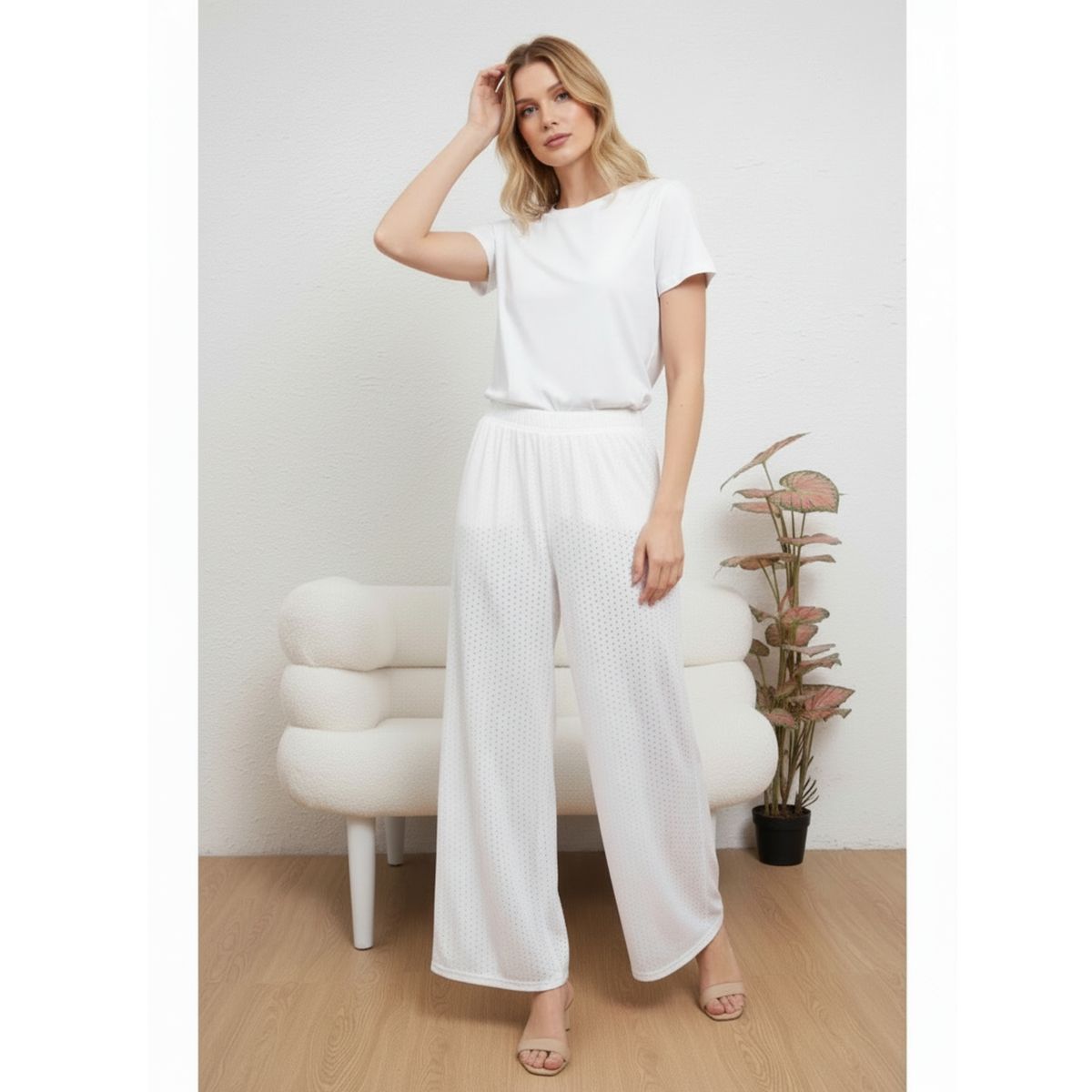 LIKE SHOP - Pantalón Playero Mujer Recto Calado Tipo Broderie Verano 6621