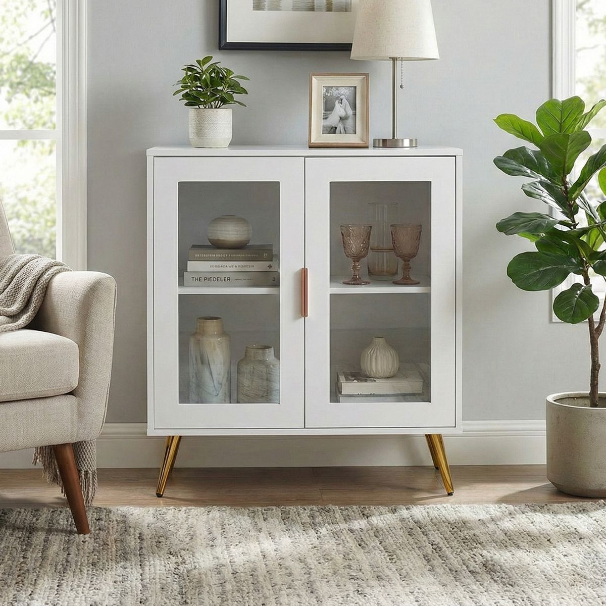 HOMIMAD - Buffet Aparador Moderno con Vitrina y Luces LED - Blanco con Patas Doradas