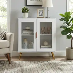 HOMIMAD - Buffet Aparador Moderno con Vitrina y Luces LED - Blanco con Patas Doradas