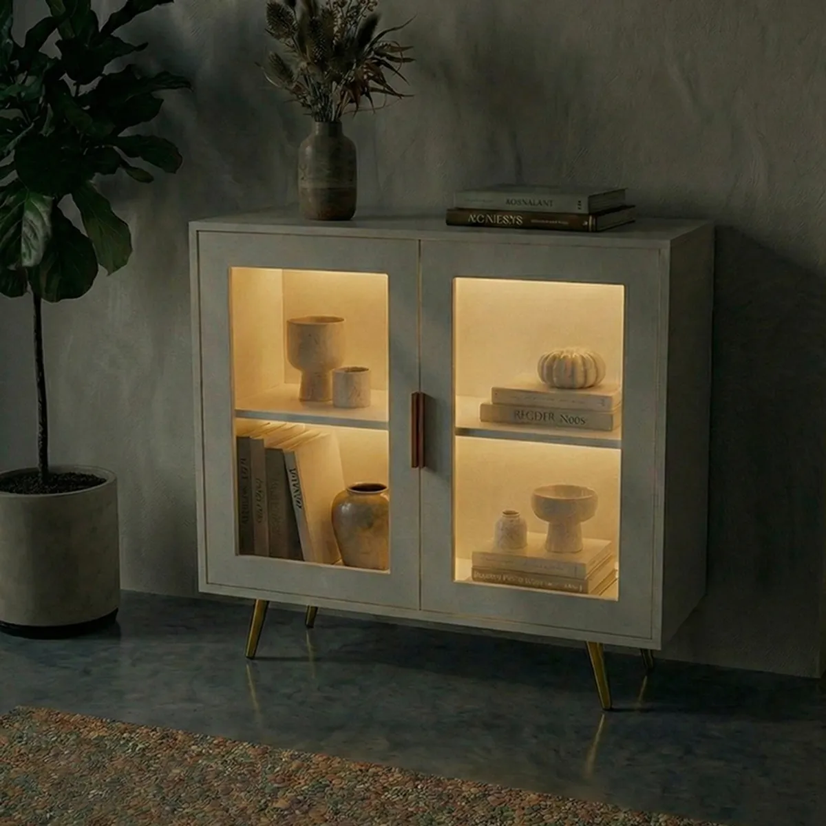 HOMIMAD - Buffet Aparador Moderno con Vitrina y Luces LED - Blanco con Patas Doradas