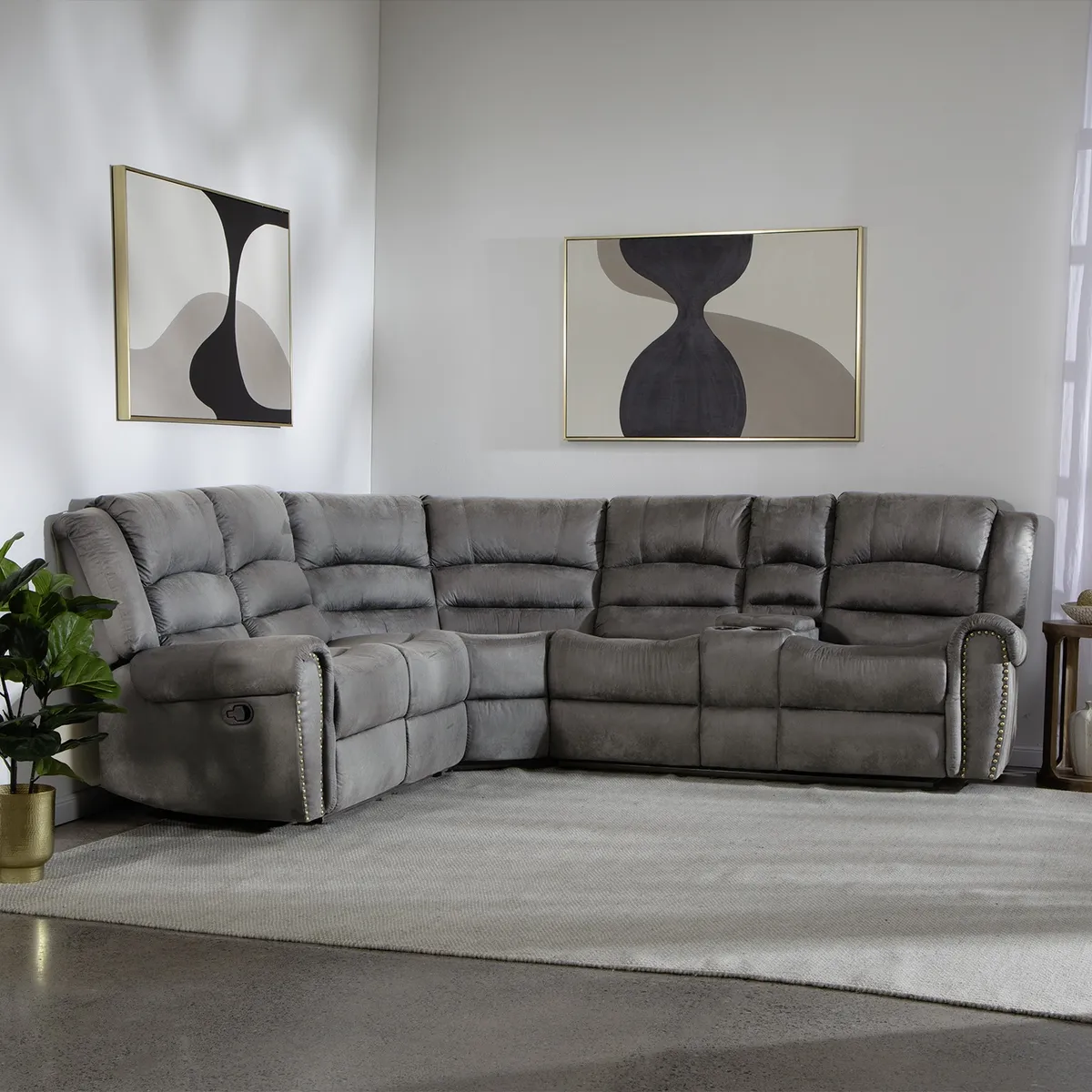 DANIELS - Sofá Seccional Living Reclinable Moderno Gris 5 Cuerpos + Consola Castle