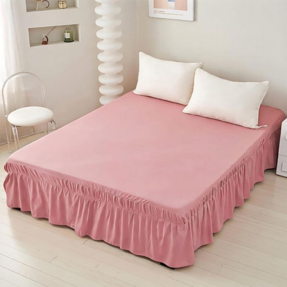 GENERICO - Faldón De 2 Plazas Para Cama Elasticados Unicolor Poliéster - Rosa - 2 Plazas