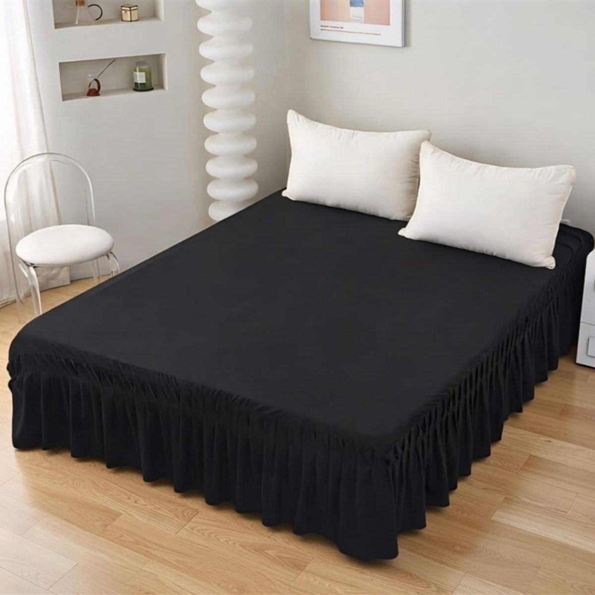 GENERICO - Faldón De 2 Plazas Para Cama Elasticados Unicolor Poliéster - Negro - 2 Plazas