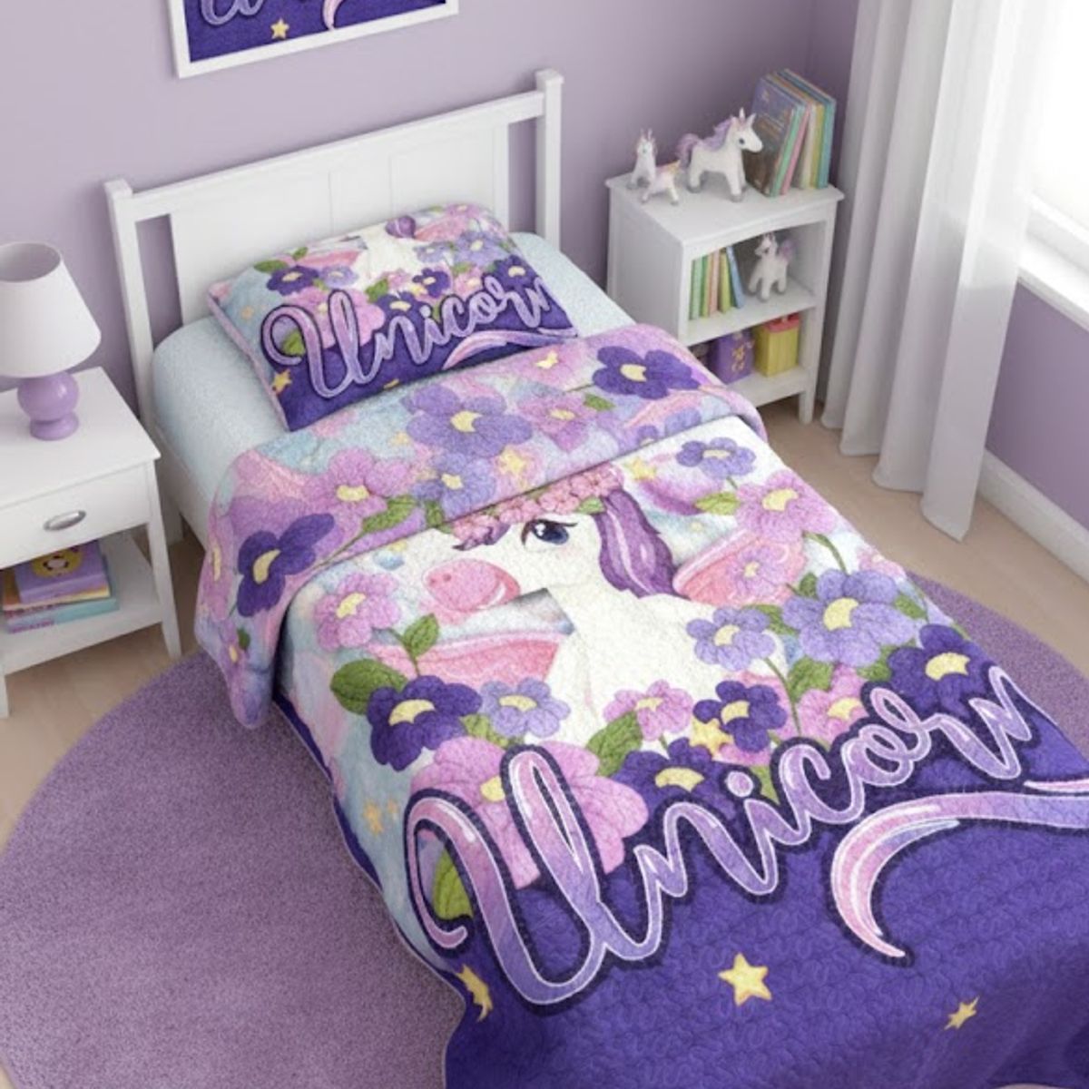 GENERICO - CUBRECAMA QUILT PARA NIÑA DELGADO DISEÑO UNICORNIO 1.5 PLAZA
